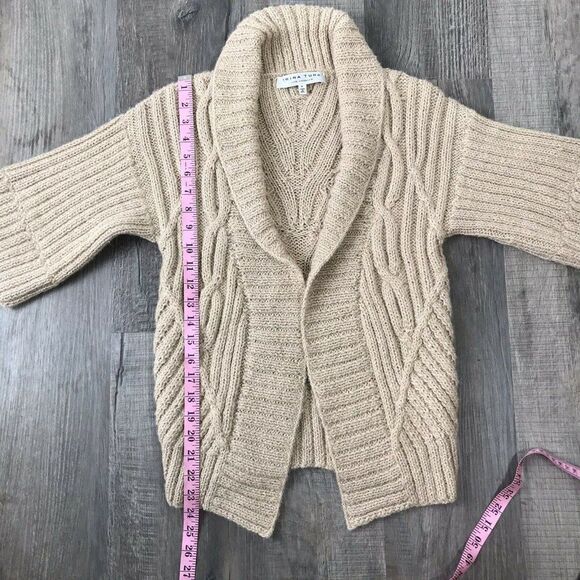 Trina Turk Petite Beige Cardigan Sweater Alpaca Cable Knit Short Sleeve Sz P - Picture 10 of 12